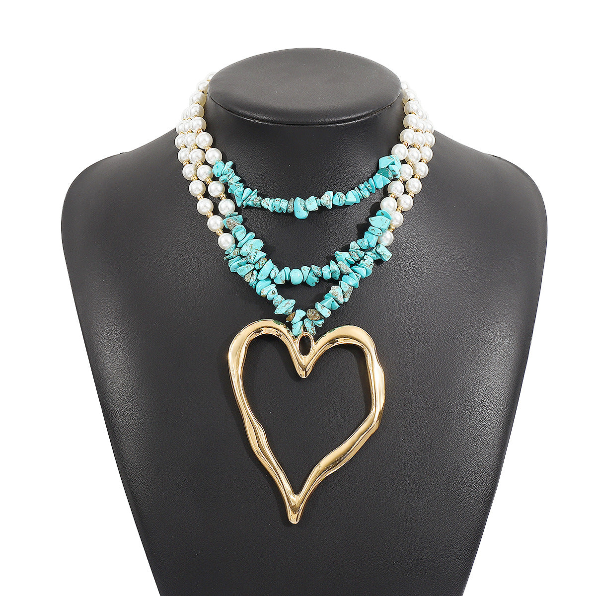 Wholesale Bohemian Multi-layered Large Heart Beaded Turquoise Necklace